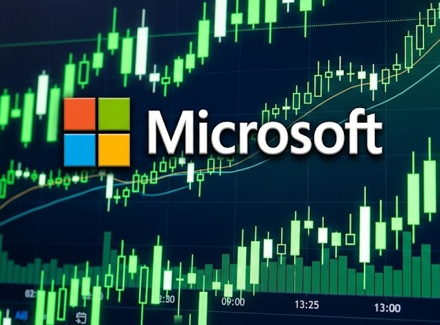 Logo de Microsoft con un fondo de velas alcistas