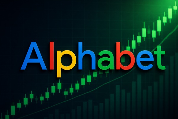 Logo de Alphabet con un fondo de velas alcistas