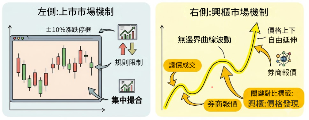 興櫃 vs 上市市場漲跌機制比較圖 興櫃 vs 上市市場漲跌機制比較圖
