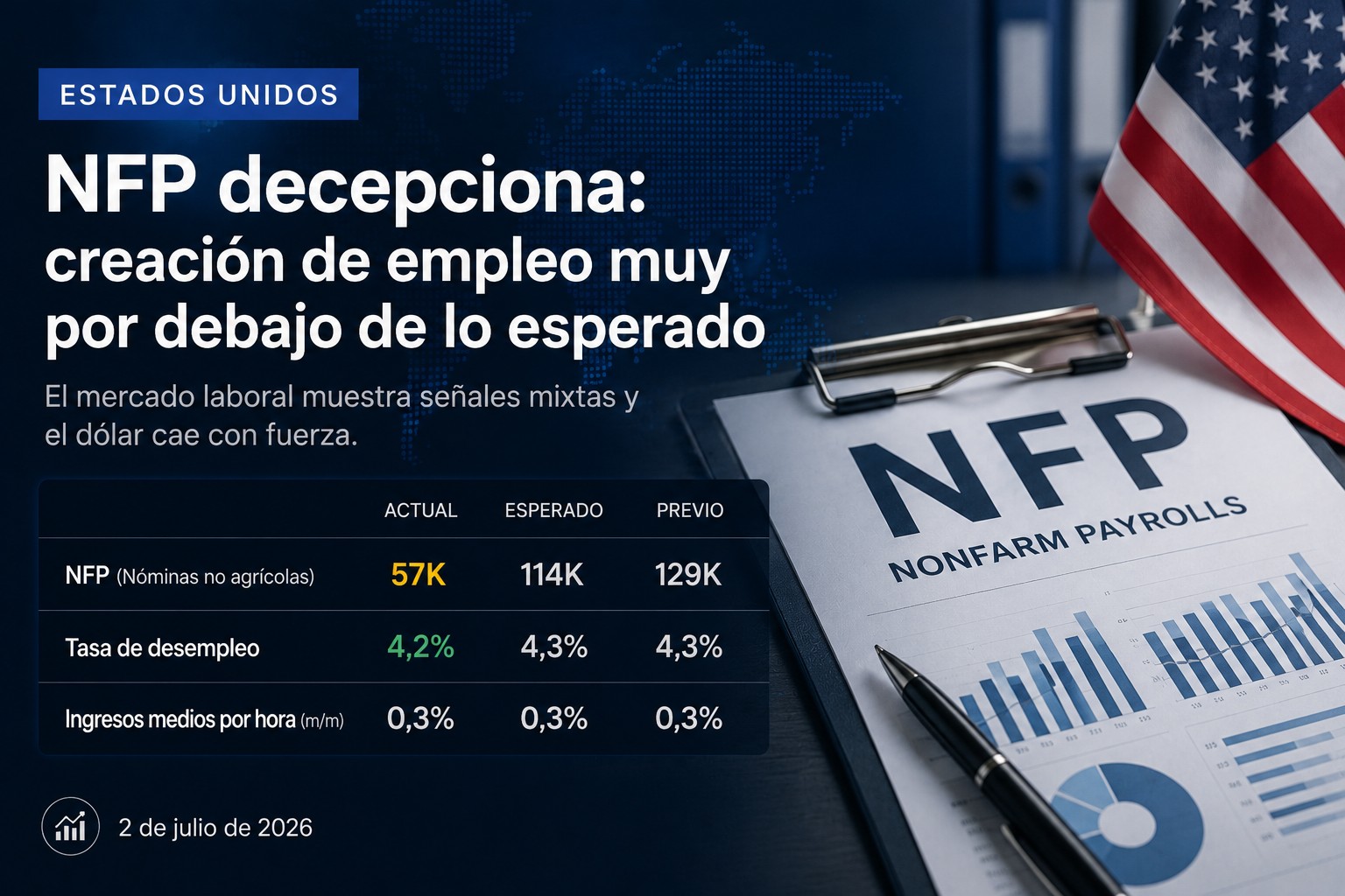 NFP decepciona, desempleo mejora y la Fed vuelve al centro del debate