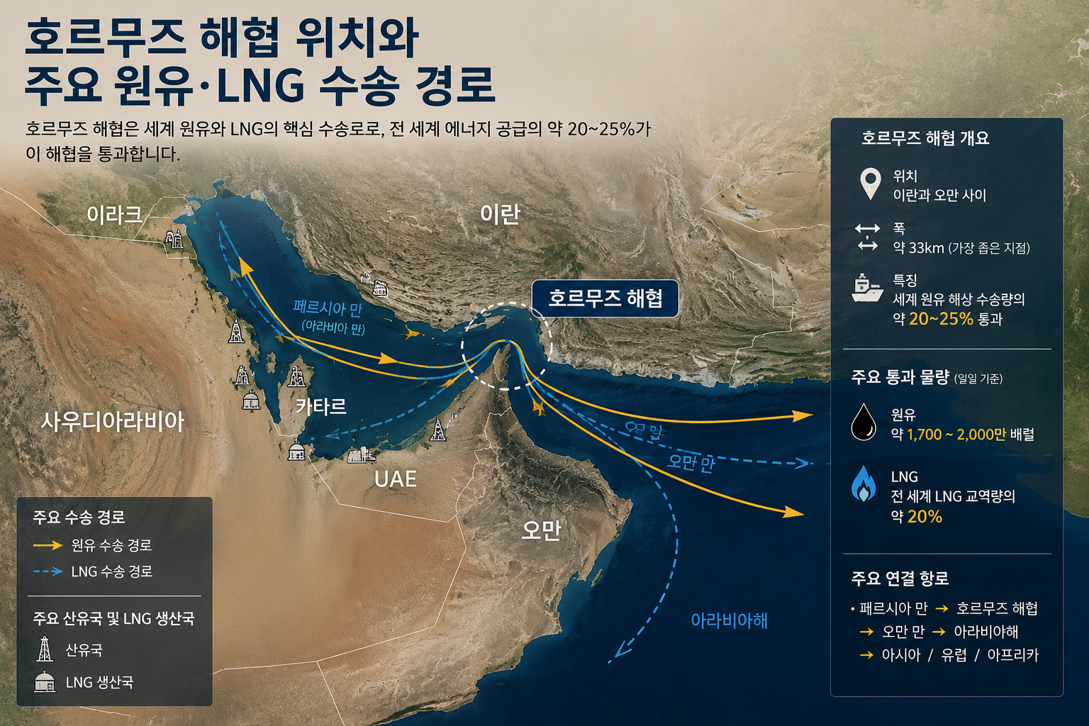 호르무즈 해협 위치와 주요 원유·LNG 수송 경로 지도 호르무즈 해협 위치와 주요 원유·LNG 수송 경로 지도