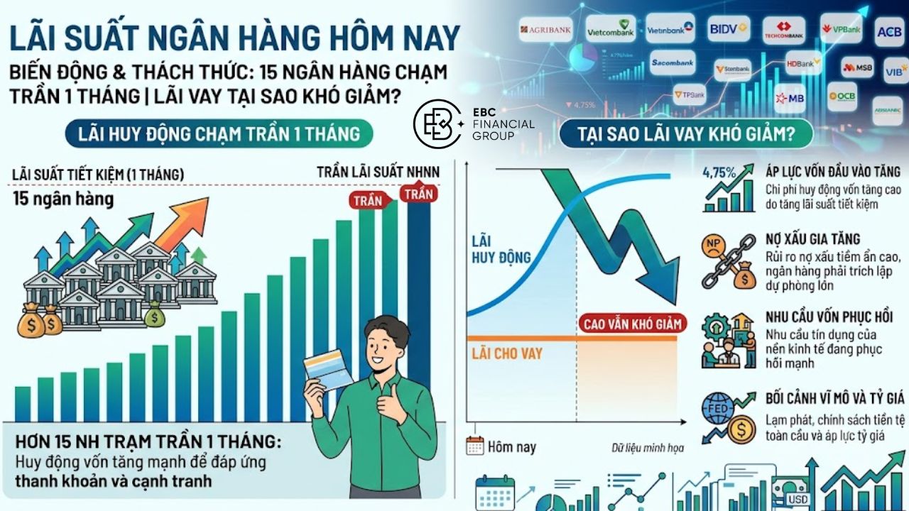 Lãi suất ngân hàng hôm nay: 15 ngân hàng chạm trần 1 tháng, lãi vay vì sao khó giảm? Lãi suất ngân hàng hôm nay: 15 ngân hàng chạm trần 1 tháng, lãi vay vì sao khó giảm?