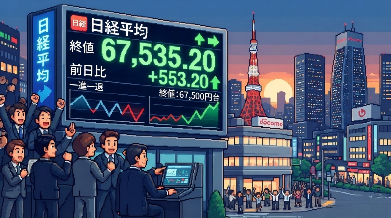 日経平均の終値は553円高:一進一退の後に6万7500円台 日経平均の終値は553円高:一進一退の後に6万7500円台