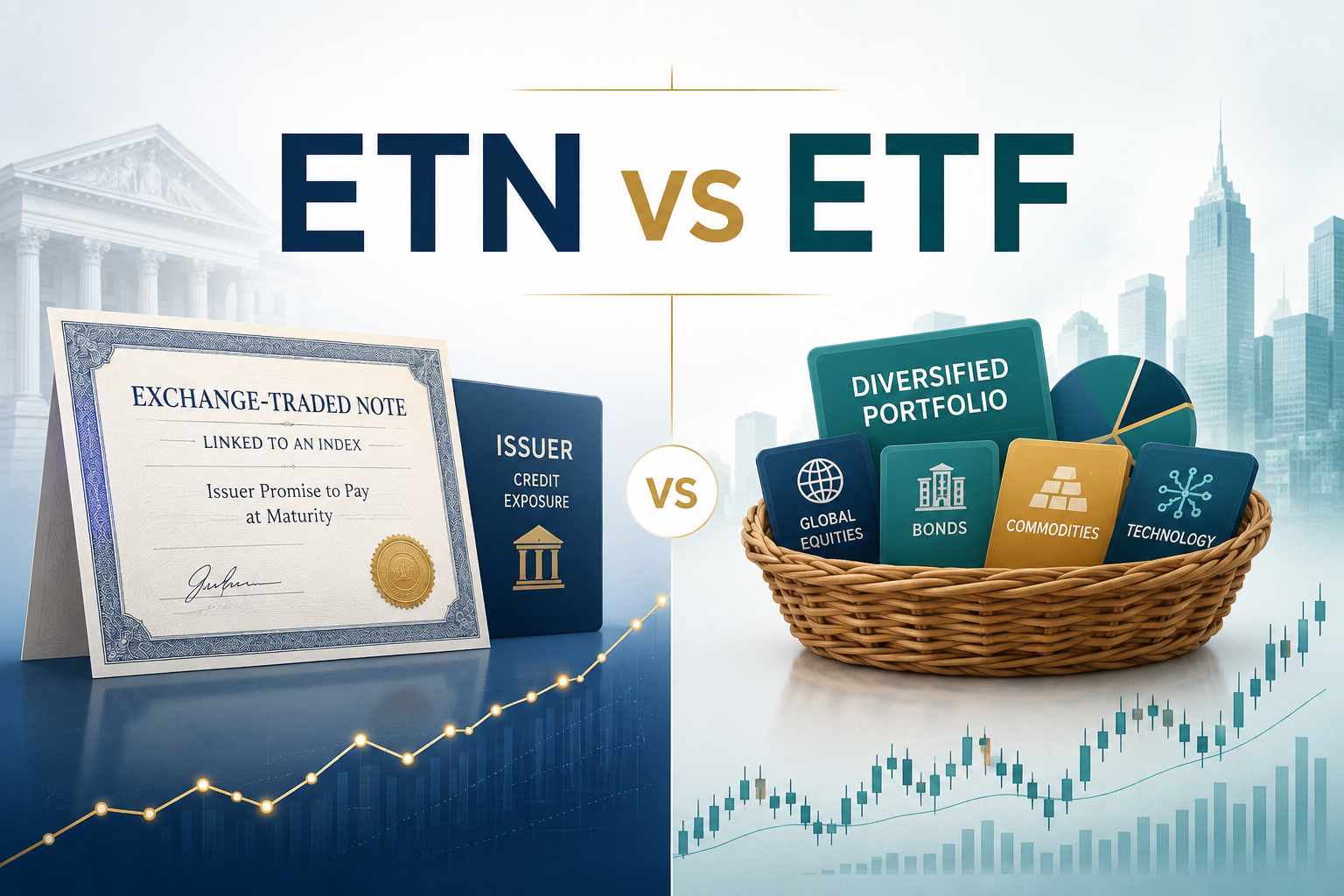 Comparação entre ETN e ETF: estrutura, risco e retorno