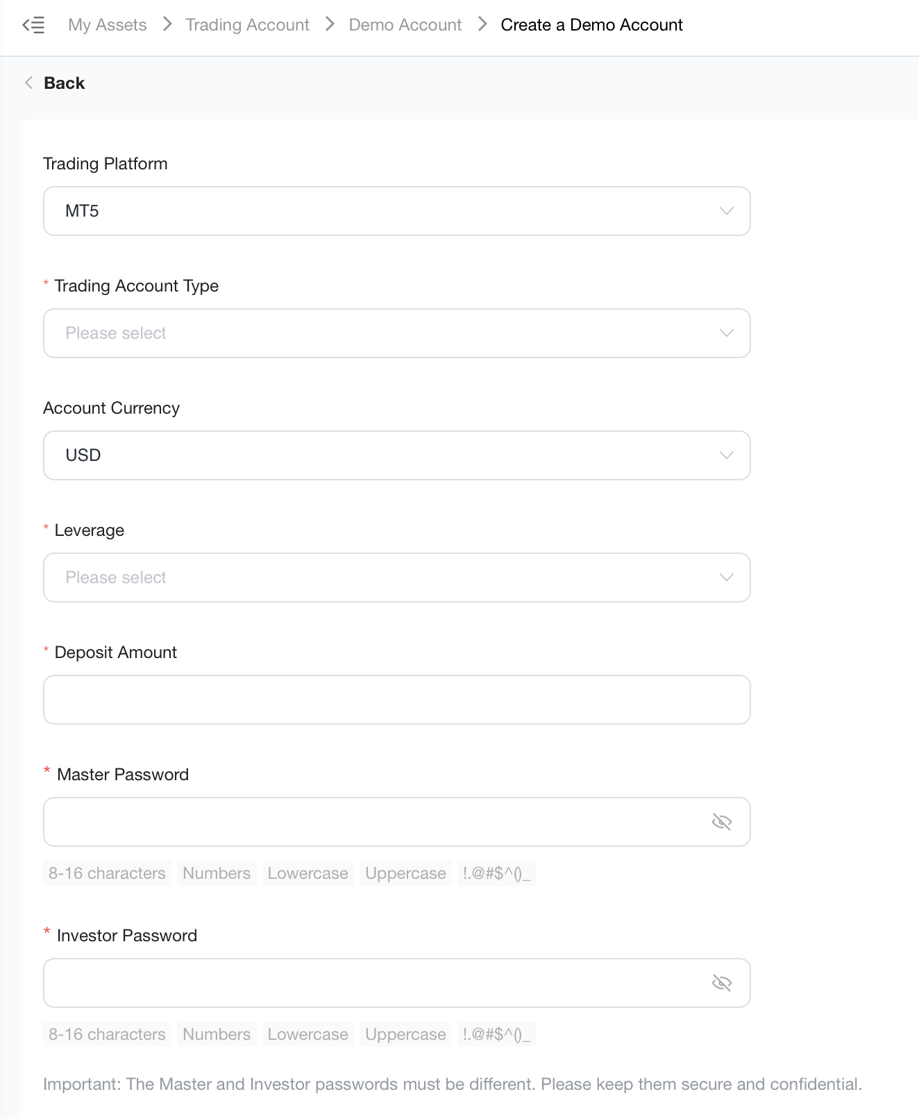 Choose Demo Account Category