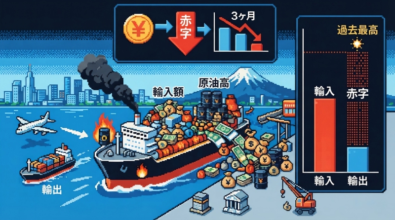 日本の貿易赤字は三ヶ月連続、原油高で輸入額が過去最高に