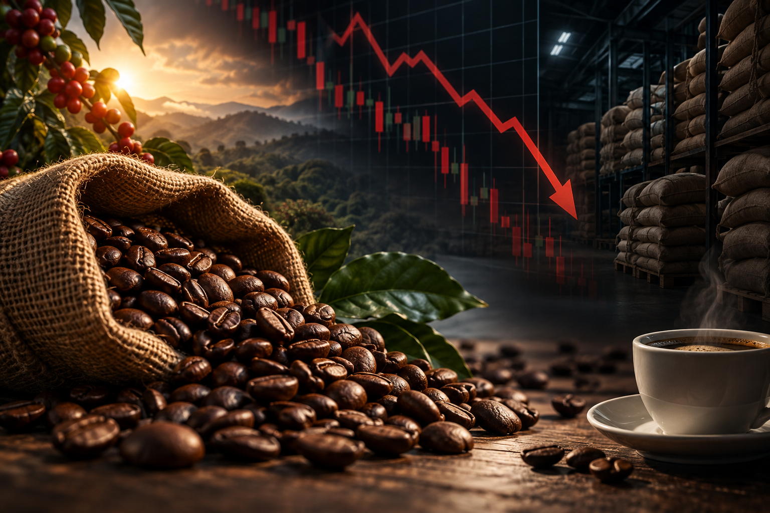 Gráfico do café arábica em queda apesar dos estoques da ICE na mínima em 27 anos