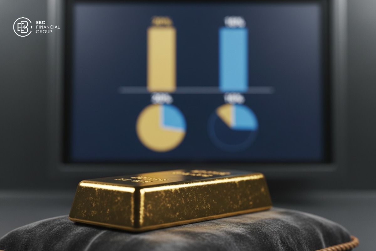 Cận cảnh thỏi vàng trong kho dự trữ, nền sau là biểu đồ tỷ trọng vàng và euro.