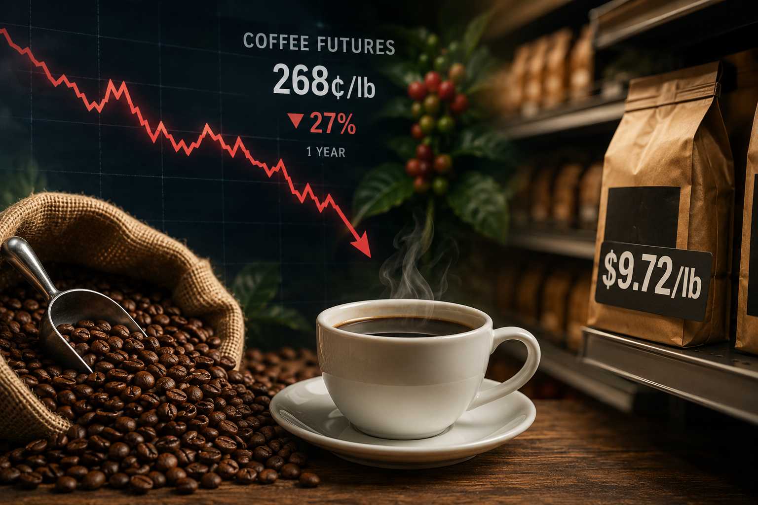 Os contratos futuros de café estão caindo, mas os preços no varejo ainda não se deram conta disso.