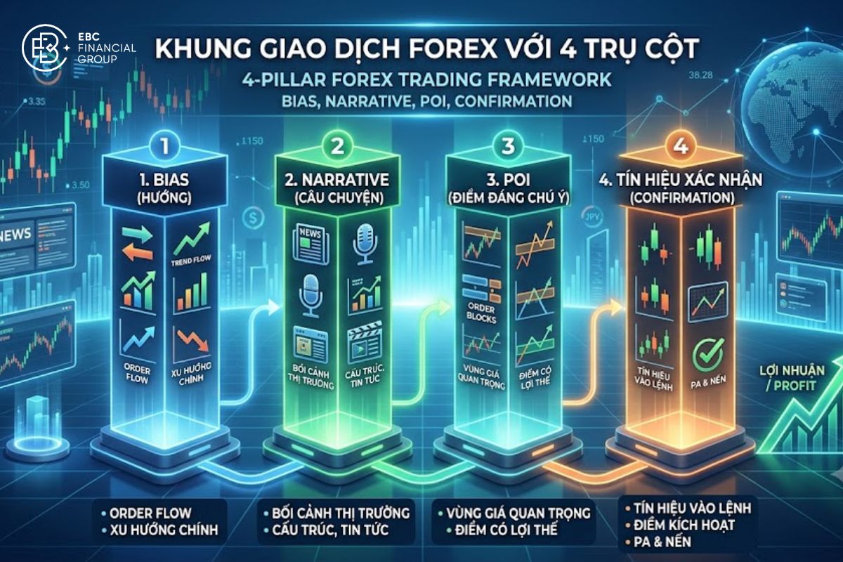 Khung giao dịch forex với 4 trụ cột: Bias, Narrative, POI và tín hiệu xác nhận