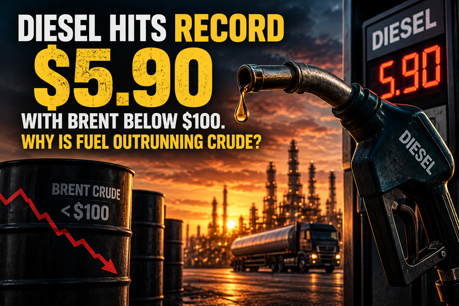 Giá dầu diesel đạt mức kỷ lục 5,90 đô la trong khi giá dầu Brent dưới 100 đô la. Tại sao giá nhiên liệu lại tăng nhanh hơn giá dầu thô?