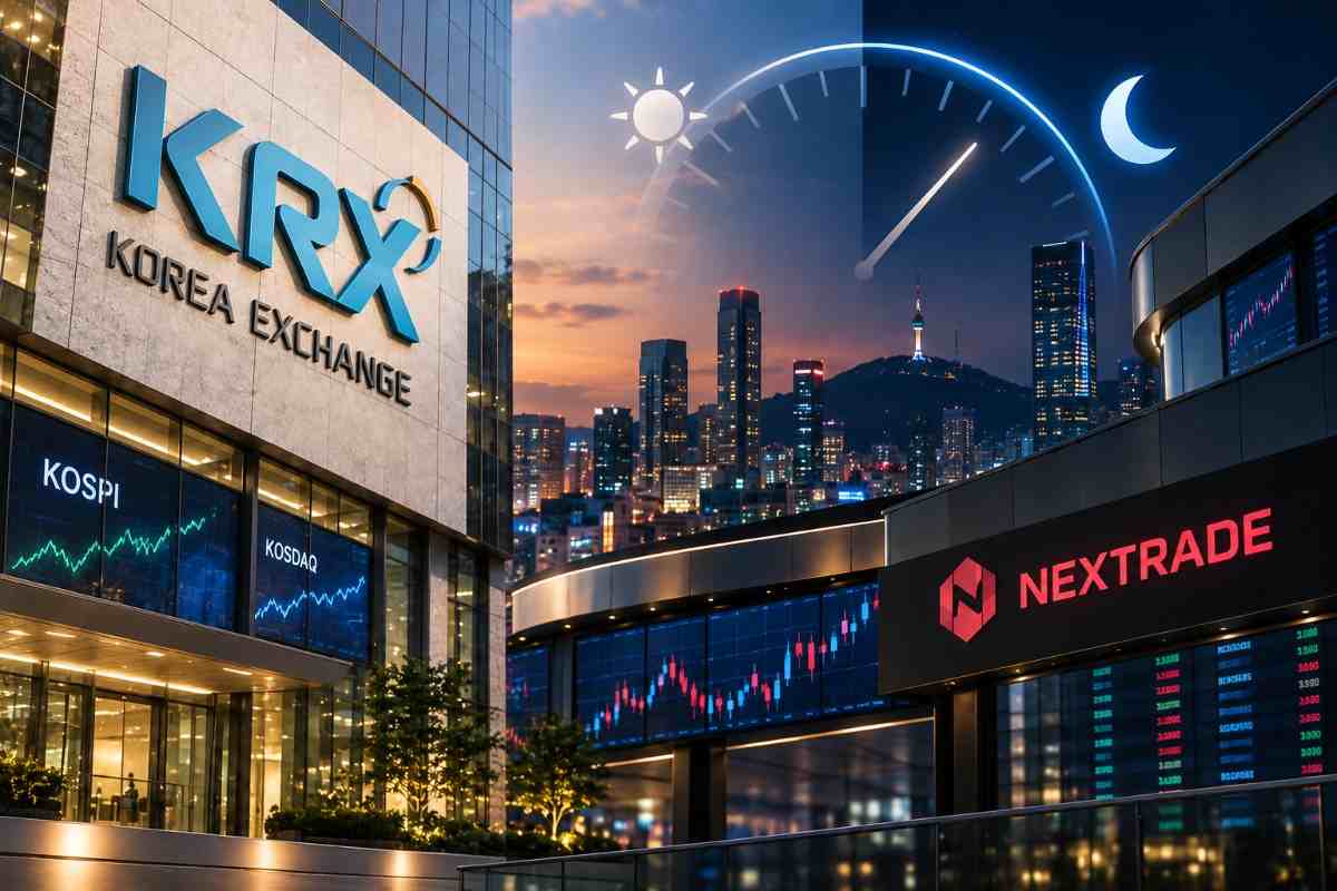 KRX After-Hours Trading and Nextrade in South Korea Korea Exchange and Nextrade trading venues in Seoul, illustrating extended KOSPI and KOSDAQ trading from day into evening